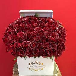 Box of red roses in a white gift box