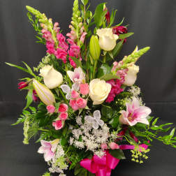 Oriental lilies with roses and butterflies