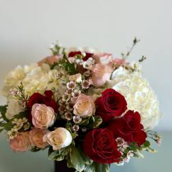 Bouquet of red and blush roses with white hydrangeas in a black vase