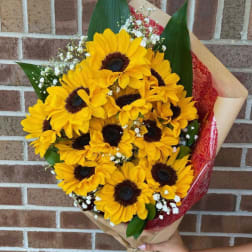 Bouquet of yellow sunflowers with baby's breath in brown paper