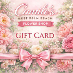 Pink floral gift card with a satin bow and "Camile's Flower Shop" text