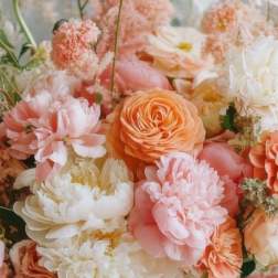 Peach and white bouquet of layered blooms with soft pink flowers