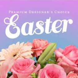 Easter greeting card with pink flowers and pastel background