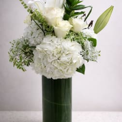 White roses and hydrangeas arranged in a tall glass vase