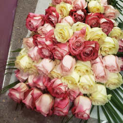 Large bouquet of pink, red, and pale yellow roses