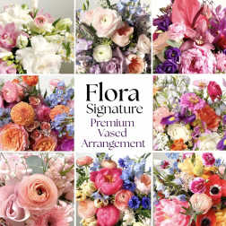 Collage of colorful mixed flower arrangements in pink, peach, purple, and white tones around centered text.