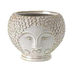 Decorative ceramic planter with a sculpted face and textured surface