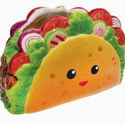 Taco-shaped decorative pillow with a smiling face