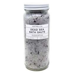 Glass jar of Estrella Dead Sea eucalyptus bath salts with white label