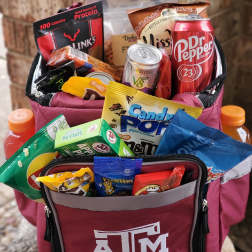 Texas A&M cooler bag filled with assorted snacks and drinks