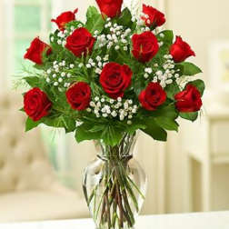 Bouquet of red roses and baby's breath in a clear glass vase
