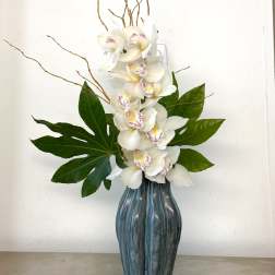 White orchids in a tall blue vase with large green leaves and curly branches