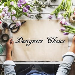 Flat lay of tulips and floral supplies around a paper sign