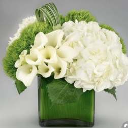 White calla lilies and hydrangeas in a green glass vase