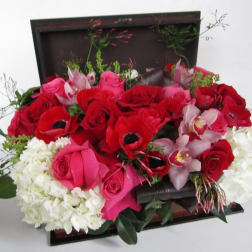 Mixed bouquet of red and pink roses with white hydrangeas and orchids in a dark box