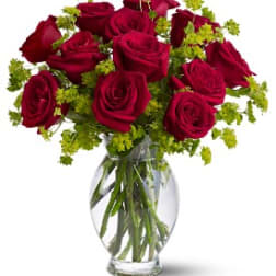 Red roses arranged in a clear glass vase with green filler