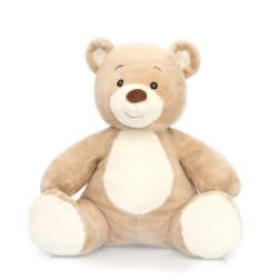Plush teddy bear sitting upright on a white background