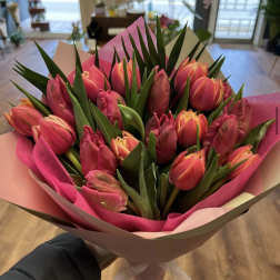 Hand-tied bouquet of pink and orange tulips with tall green foliage in pink and cream wrapping paper.