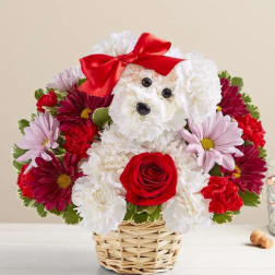 Flower arrangement shaped like a white dog with a red bow in a basket