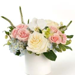 Low arrangement of pastel roses, hydrangeas, and an orchid in a white cylinder vase