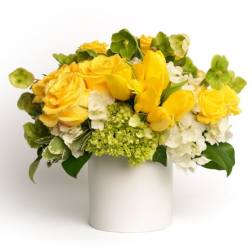 Low yellow and white flower arrangement in a white cylinder vase