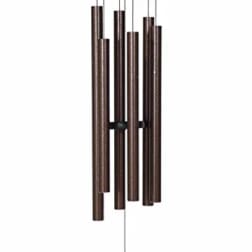 Brown metal wind chime with hanging tubes and a round clapper