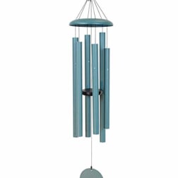 Blue metal wind chime with hanging tubes and a round striker