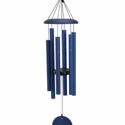 Blue metal wind chime with hanging tubes and a round clapper