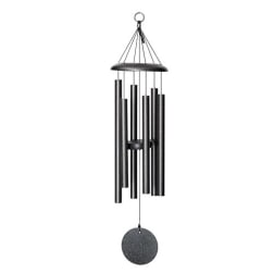 Black metal wind chime with hanging tubes and a round striker
