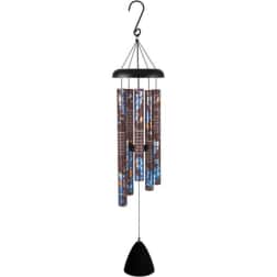 Hanging wind chime with metal tubes and a black clapper
