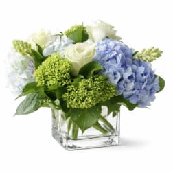 Blue and white hydrangeas with white roses in a clear glass vase