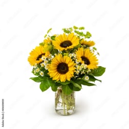 Sunflower bouquet in a clear glass jar vase