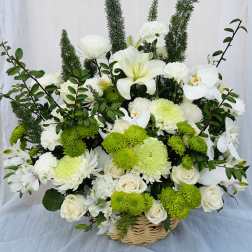 White and green floral basket arrangement with roses, orchids, and chrysanthemums