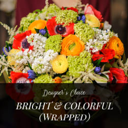 Bright mixed bouquet with red, orange, yellow, and white flowers