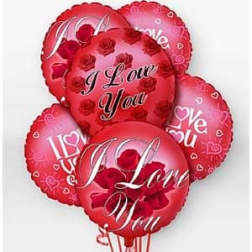 Cluster of red heart-shaped balloons with "I Love You" text