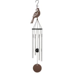 Bird-shaped metal wind chime with silver tubes and a round brown pendant