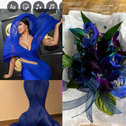 Blue floral bouquet with ribbon and green leaves