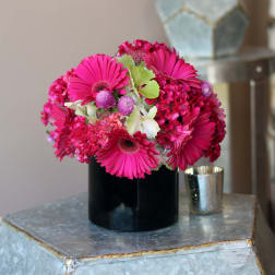 Bright pink gerbera daisies and mixed blooms in a black vase