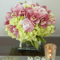 Pink And Green Pastel Vase Orchids,Hydrangea
