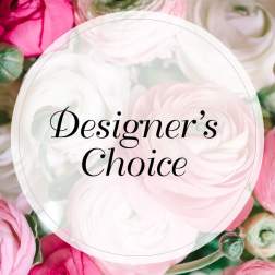 Pink and white ranunculus flowers with a "Designer’s Choice" label