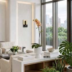 Potted orchid arrangement in a white ribbed planter in a modern room