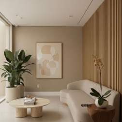 Minimalist living room with potted plants and a small orchid arrangement
