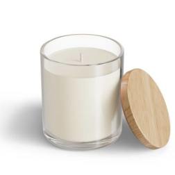 White candle in a clear glass jar with a wooden lid
