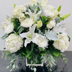 White floral arrangement in a square container with trailing greenery