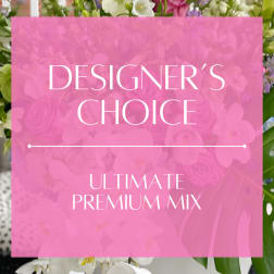Pink overlay text on a mixed flower arrangement background