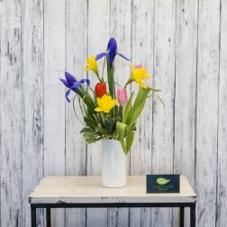 Colorful tulips and irises arranged in a white vase