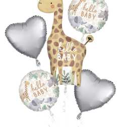 Baby shower balloon bouquet with giraffe and heart balloons