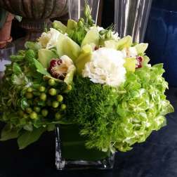 Green and white floral arrangement in a square glass vase