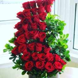 Tall arrangement of red roses with green foliage in a round container