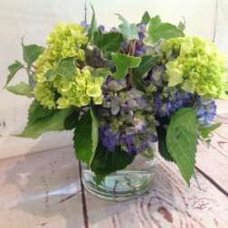 Low arrangement of green and purple hydrangeas in a clear glass cylinder vase